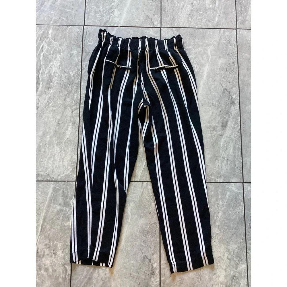 Mango Basics Black White Stripe Paperbag Waist Tie Belt Cropped Pants Women's S